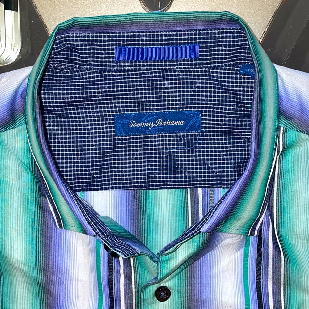 Tommy Bahama long sleeve button down shirt with pointed collar.